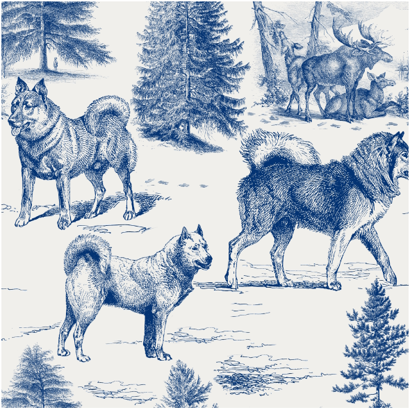Fabric 44757 | Psy Szpice Północne w Zimowym Krajobrazie z Łosiami - Wzór Toile - Niebieskie na szarym Tle