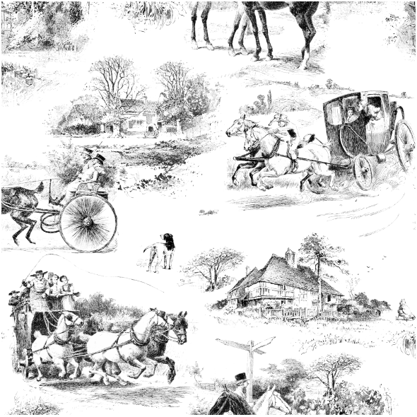 Tkanina 45161 | Konna Podróż Dyliżansem - Czarno-Biały Wzór Toile 