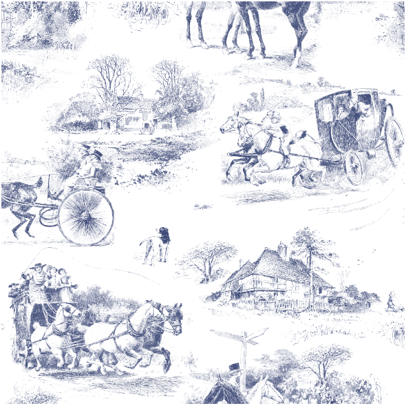 Tkanina 45162 | Konna Podróż Dylizansem - Niebiesko-Biały wzór Toile 