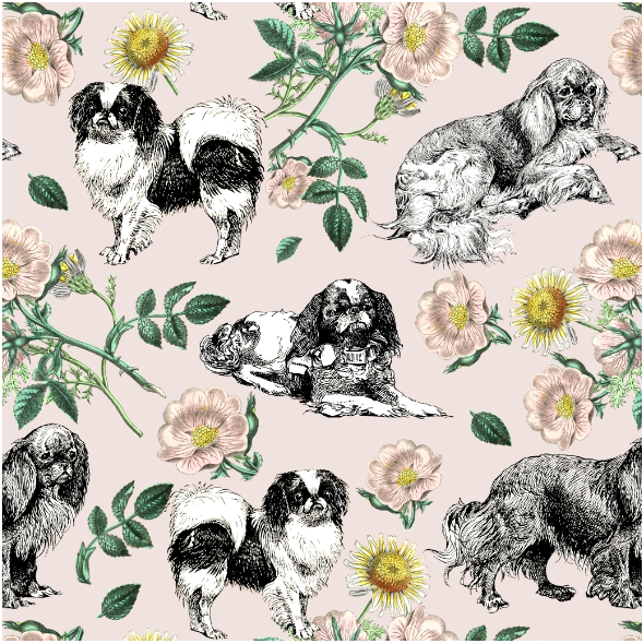 Fabric 45167 | Pieski Spaniele Miniaturowe i Dzika Róża - Różowe Tło 