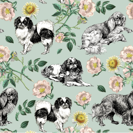 45169 | Pieski Spaniele Miniaturowe i Dzika Róża - Zielowe Tło 