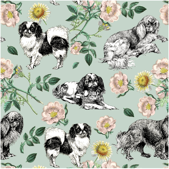 Tkanina 45169 | Pieski Spaniele Miniaturowe i Dzika Róża - Zielowe Tło 
