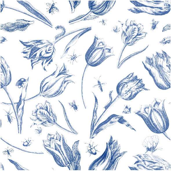 Tkanina 45171 | Tulipany i Owady - Niebiesko-Białe 