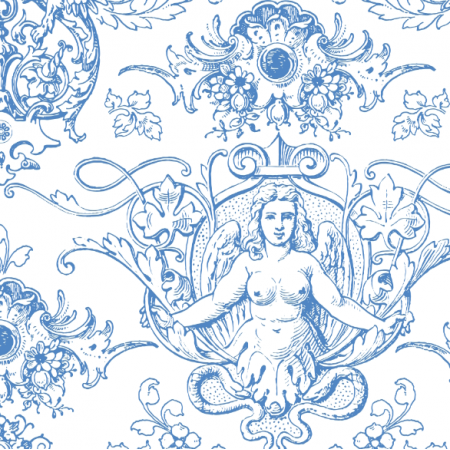 51425 | ROCOCO Ozdobny wzór z Fantastycznymi Postaciami i Zwierzętami - Biało-Niebieski  