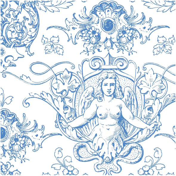 Fabric 51425 | ROCOCO Ozdobny wzór z Fantastycznymi Postaciami i Zwierzętami - Biało-Niebieski  