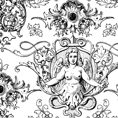 51427 | ROCOCO Ozdobny Wzór z Fantastycznymi Postaciami i Zwierzętami - Czarno-Biały 