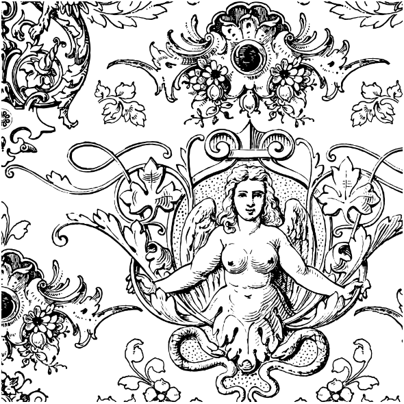 Fabric 51427 | ROCOCO Ozdobny Wzór z Fantastycznymi Postaciami i Zwierzętami - Czarno-Biały 
