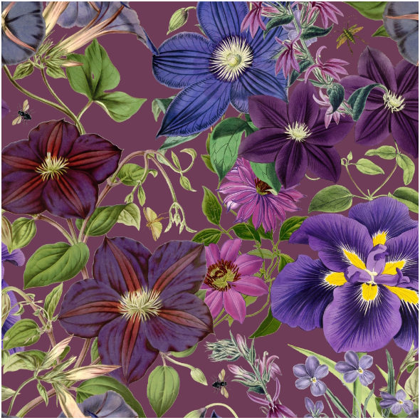 Tkanina 51430 | Bujny Ogród Fioletowych Kwiatów - Amarantowe Tło