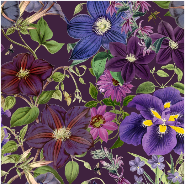 Tkanina 51431 | Bujny Ogród Fioletowych Kwiatów - Fioletowe Tło 