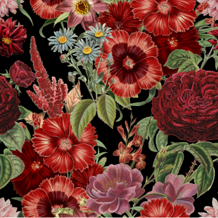 51437 | Letni Ogród o Północy - Duże Bordowe Kwiaty Na Czarnym Tle 