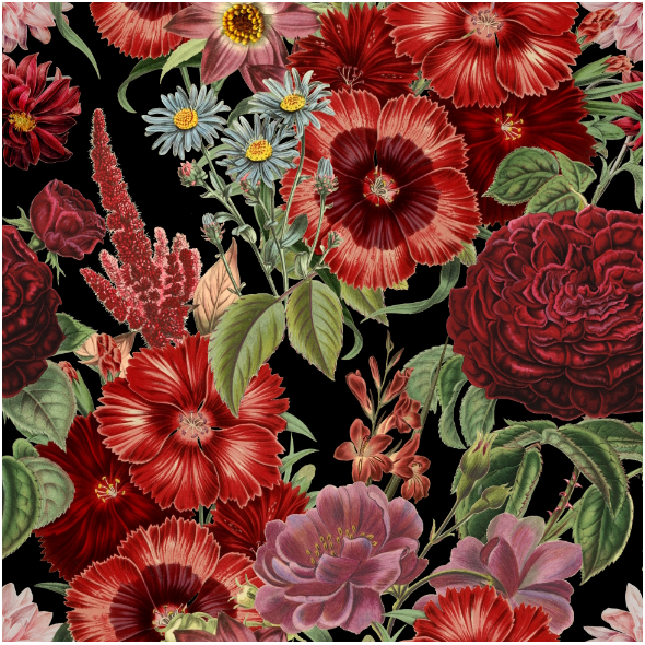 Fabric 51437 | Letni Ogród o Północy - Duże Bordowe Kwiaty Na Czarnym Tle 