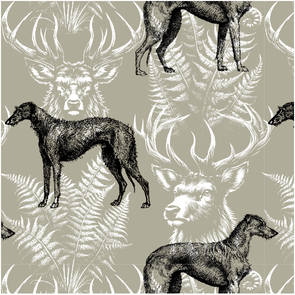 Tkanina 51500 | Psy Deerhound i Motywy Leśne z Jeleniem - Sage 
