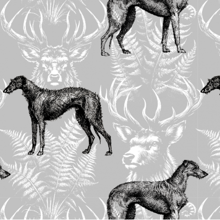 51501 | Psy Deerhound i Motywy Leśne z Jeleniem - Popielate Tło 