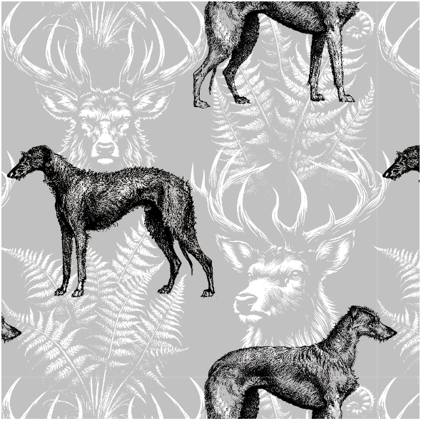Tkanina 51501 | Psy Deerhound i Motywy Leśne z Jeleniem - Popielate Tło 