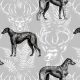 Tkanina 51501 | Psy Deerhound i Motywy Leśne z Jeleniem - Popielate Tło 