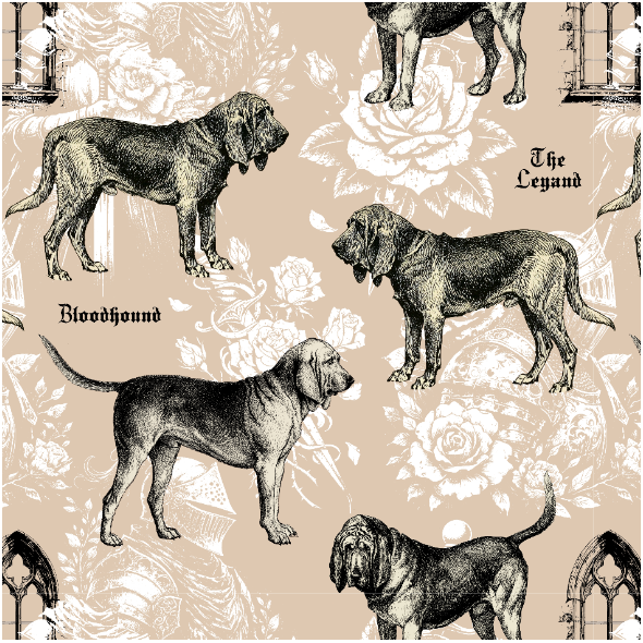 Fabric 51502 | Pies Bloodhound i Gotycka Legenda - Beżowe Tło 
