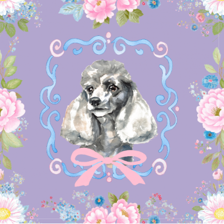 51506 | Pies Pudel i Barokowe Kwiaty - LAwendowe Tło 