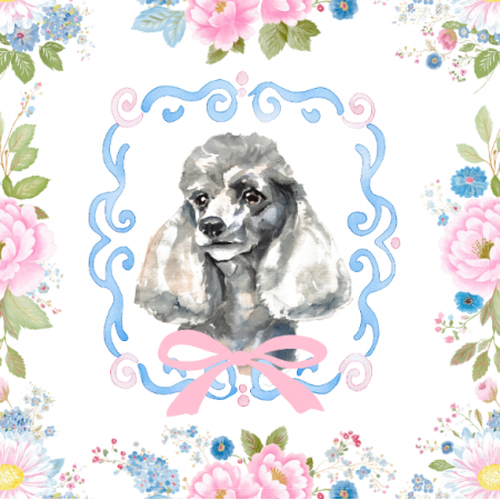51507 | Pies Pudel i Barokowe Kwiaty - Białe Tło 