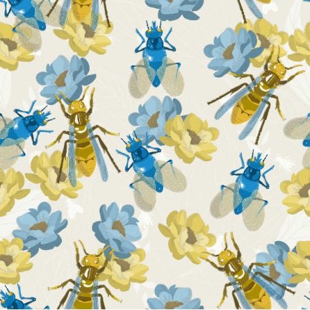 Tkanina  | owady na kwiatach w beżu