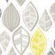 Fabric  | taupe yellow blue leaves on white