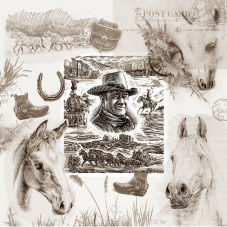 Tkanina  | Country Western - Cowboy Collage Sepia