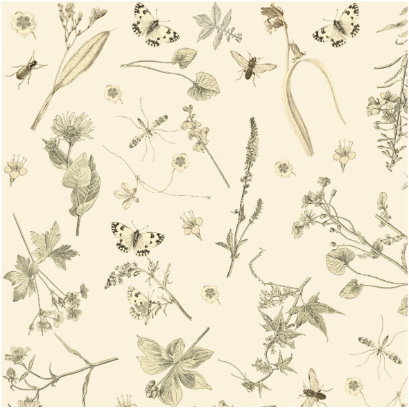 Fabric 16038 | KWIATY I OWADY KREMOWE TŁO -  FLOWERS & INSECTS ON CREAMY BACKGROUND