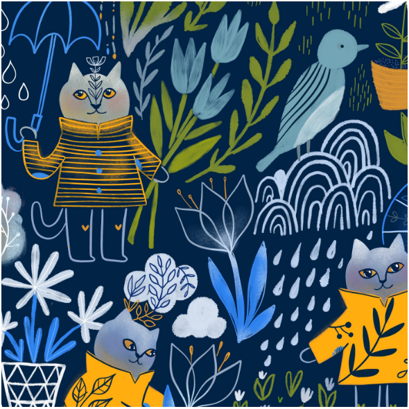 Fabric 16197 | Cats and rain. funny animals in the garden.
