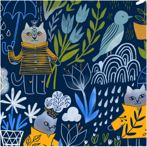 Tkanina 16197 | Cats and rain. funny animals in the garden.