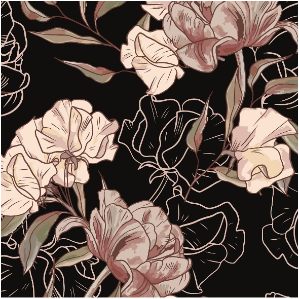 Fabric 17078 | KWIATY VINTAGE | na czarnym | WIĘKSZE