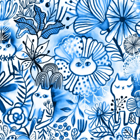 17410 | blue watercolor floral cats. summer flowers, leaves, berries and cute animals.