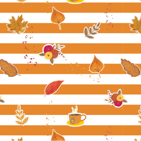 17442 | Autumn Vibes - tkanina z jesiennymi motywami, pomarańczowe paski