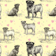 Fabric 19039 | PUG DOGS & PASTEL HEARTS - MOPSY NA ŻÓŁTYM TLE