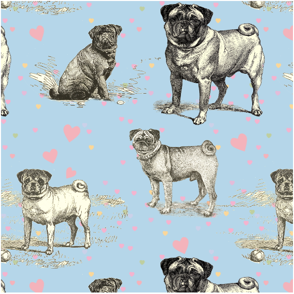 Tkanina 19041 | PUG DOGS, Hearts & BLUE SKY
