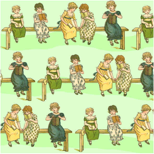 Fabric 19345 | Dziewczynki z książeczkami - Zielone Tło