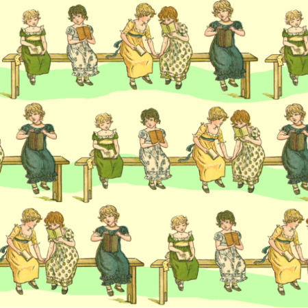 Tkanina 19346 | Dziewczynki z książeczkami - KREMOWE TŁO