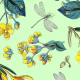 Fabric 19676 | Zółte kwiatki i ważki na zielonym tle