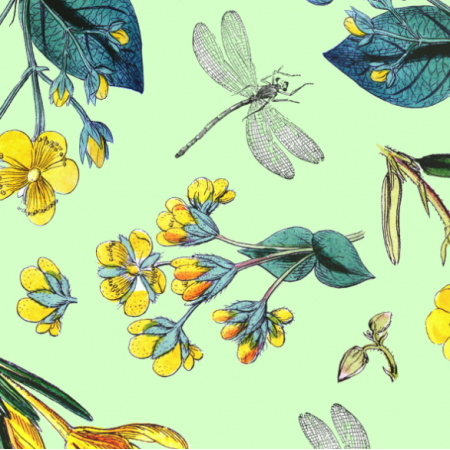Tkanina 19676 | Zółte kwiatki i ważki na zielonym tle