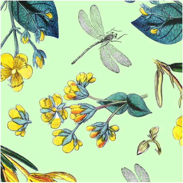 Tkanina 19676 | Zółte kwiatki i ważki na zielonym tle