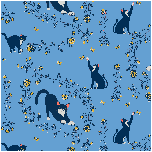 Tkanina 20138 | cats & gold roses (blue) 2