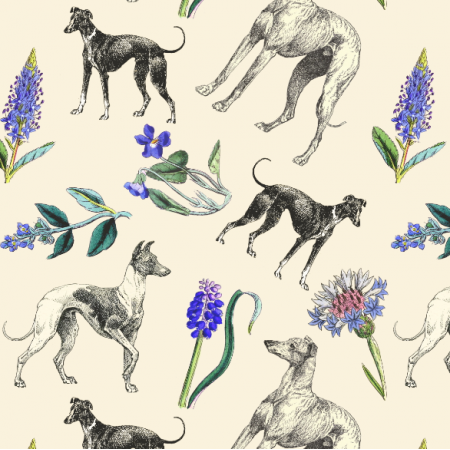 Tkanina 20199 | Psy Charty i polne kwiatki na kremowe tło