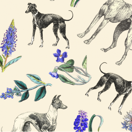 Tkanina 20200 | Psy Charty i niebieskie kwiatki Kremowe tło
