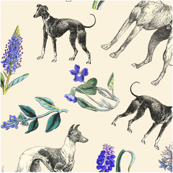 Tkanina 20200 | Psy Charty i niebieskie kwiatki Kremowe tło