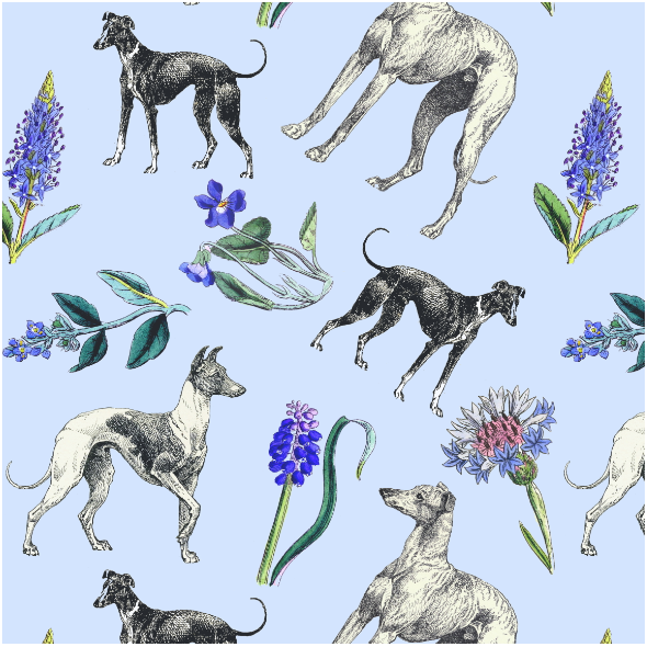 Fabric 20201 | Psy Charty i niebieskie kwiatki na niebieskim tle