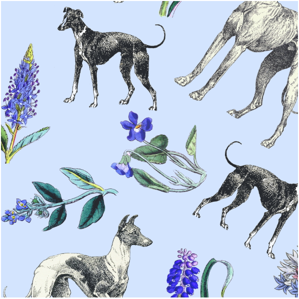 Tkanina 20202 | Psy Charty i niebieskie kwiatki na niebieskim