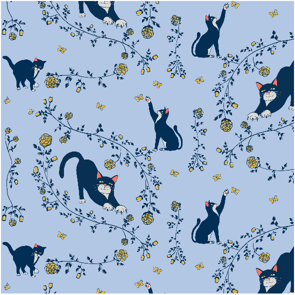 Tkanina 20275 | cats and gold roses (light blue) 2